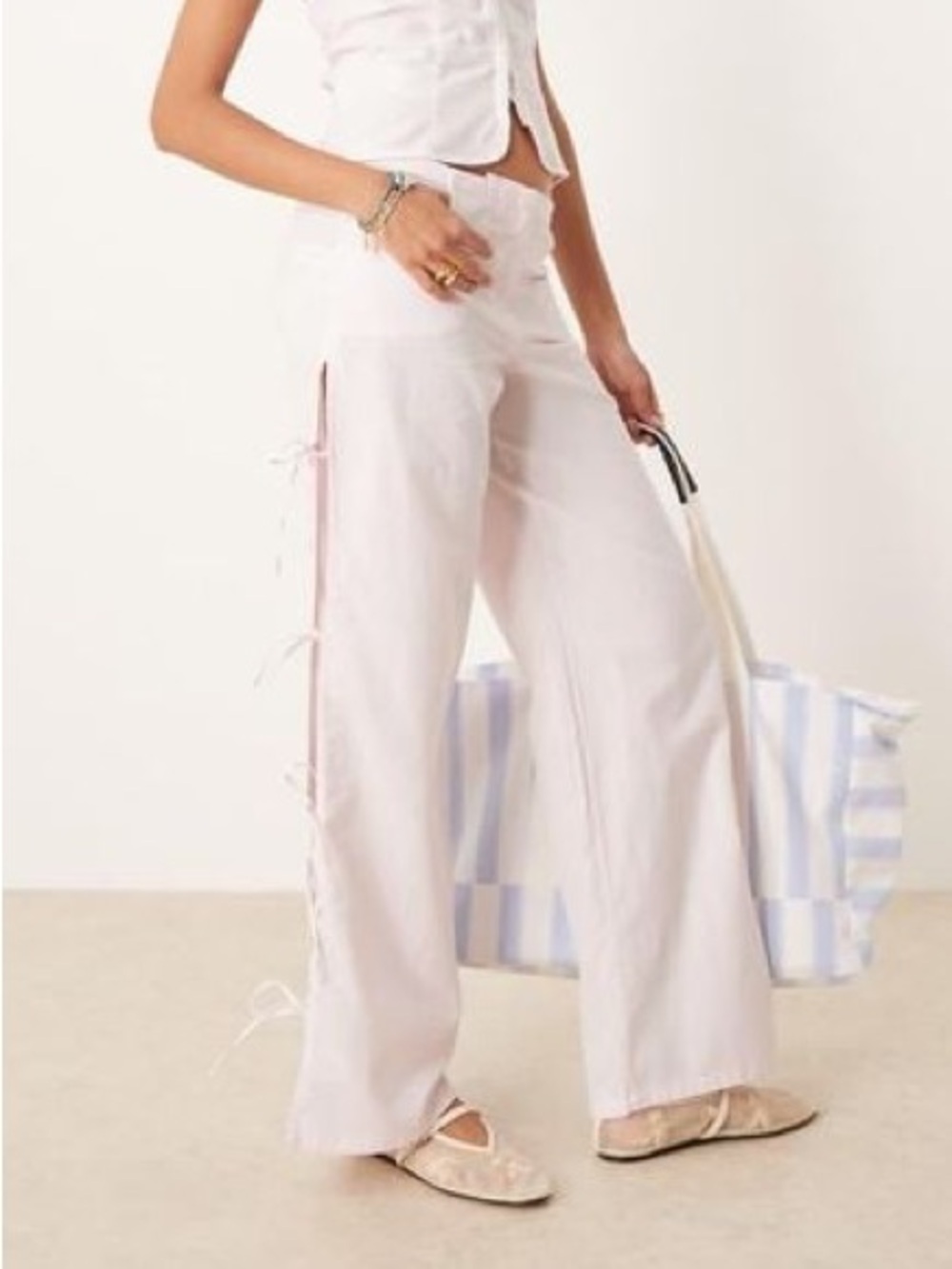 Mango Straight Pants with Slits and Bows in Pastel Pink - EUC